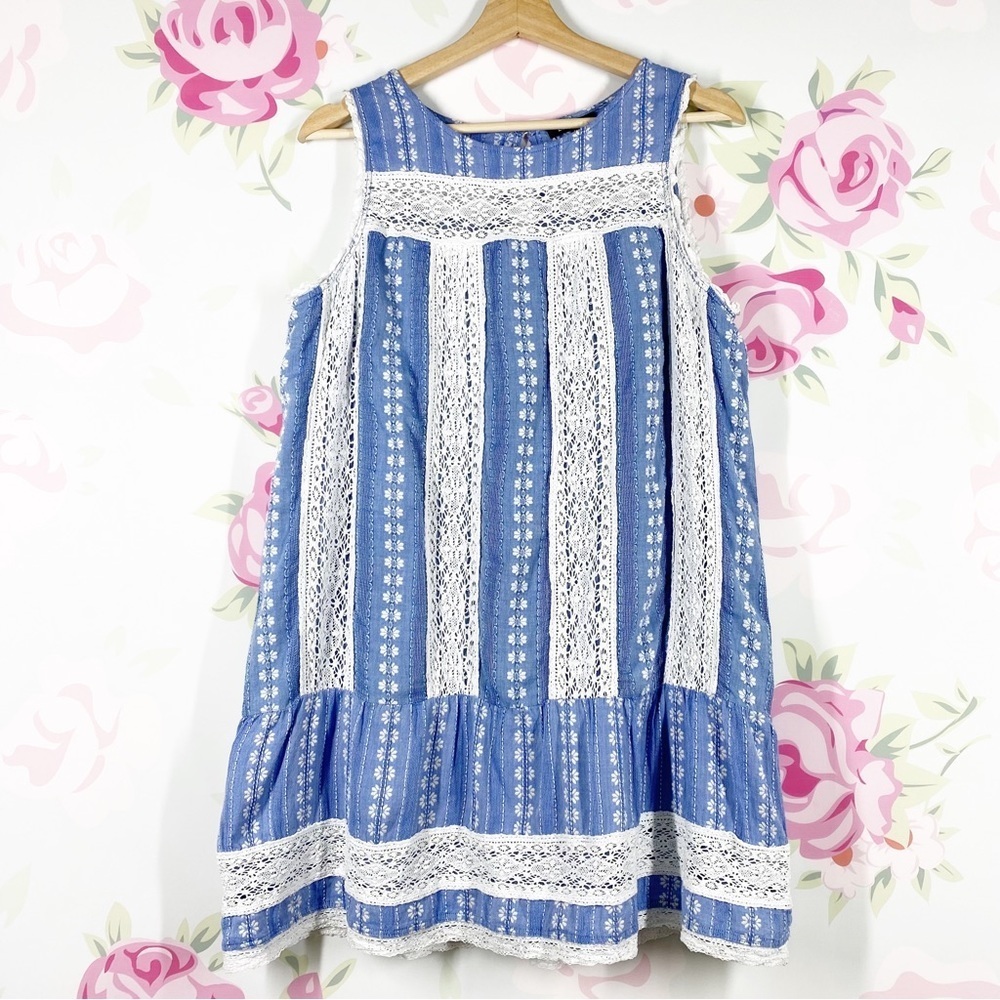 Love Sam Blue White Floral Emroidered Tunic Mini Dress L